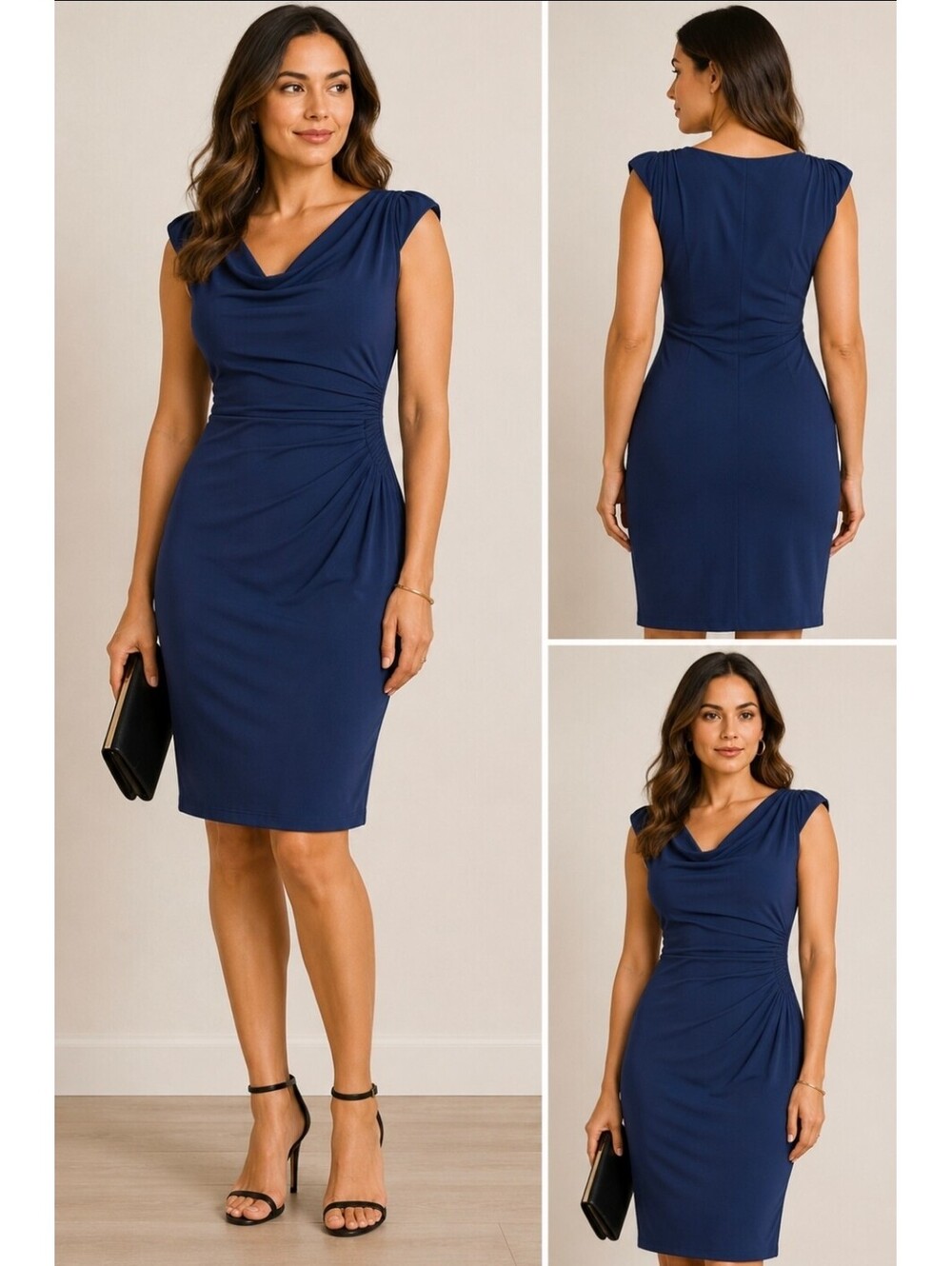 Lauren Ralph Lauren Women’s Size 6 Navy Blue Ruched Cowl Neck Sheath Dress